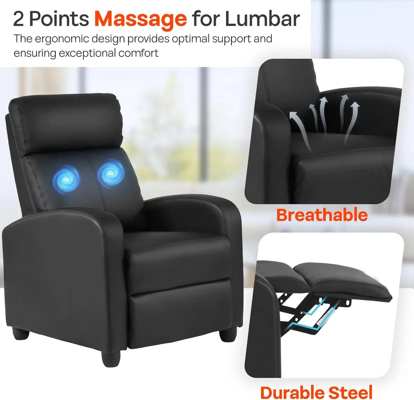 Massage Recliner Sofa Lumbar Support Adjustable Backrest