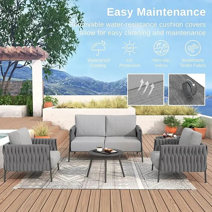 4 Pieces Patio Furniture Set, Outdoor Furniture with Coffee Table, Patio Conversation Set Deep Seating with Thick Cushion, Back