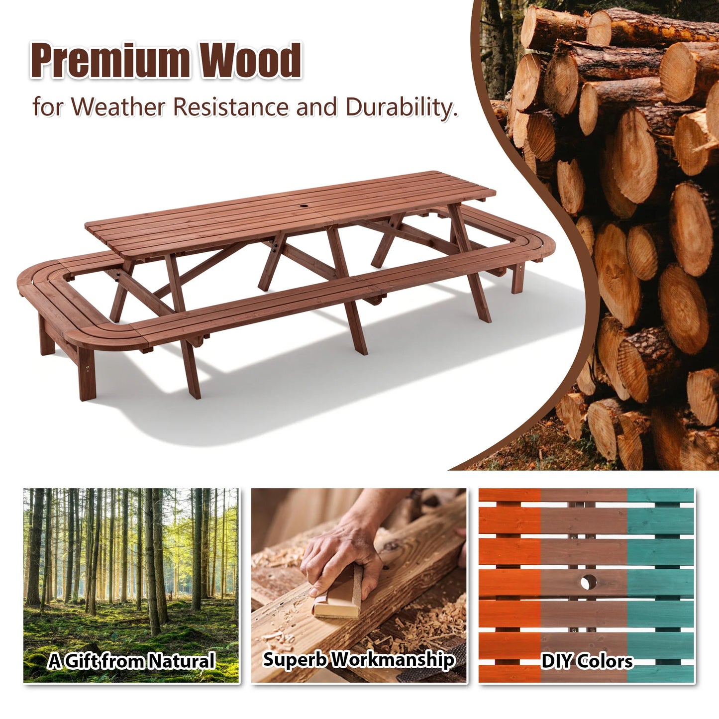 Wooden Picnic Table for Outdoor Patio With Umbrella Hole