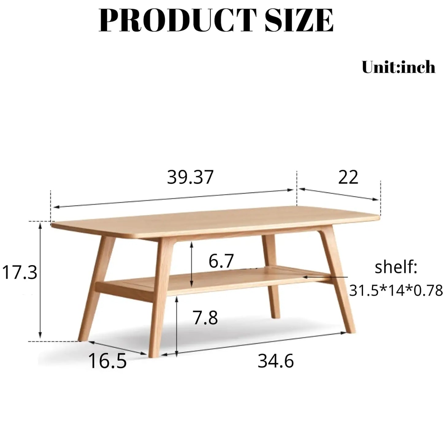 Solid Wood Coffee Table With Two Tier Storage Shelf For Living Room