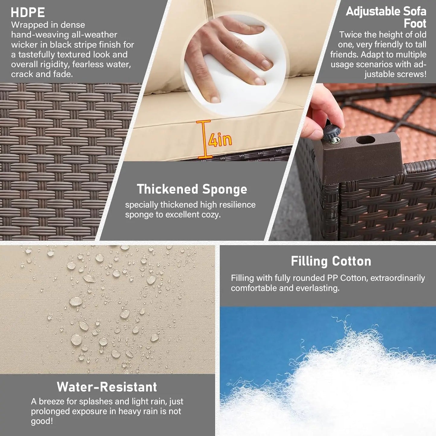 Patio Furniture 3-seat Sofa Wicker Outdoor Furniture Outdoor Couch Deep Seat Hight Backrest Non-Slip Cushions, Khaki, Customized