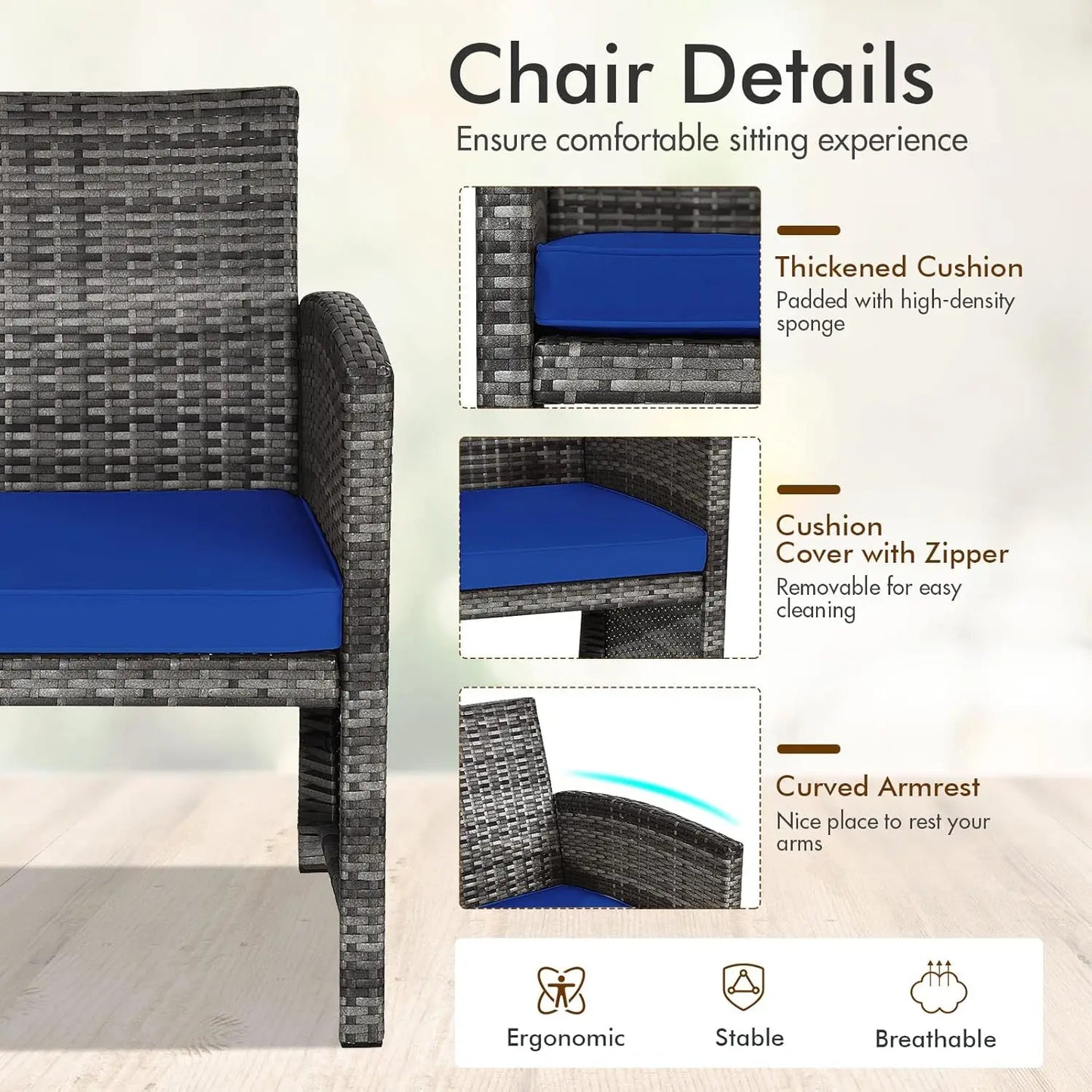 4-Piece Rattan Patio Furniture Set, Outdoor Wicker Conversation Sofa with Weather Resistant Cushions and Tempered, Customized