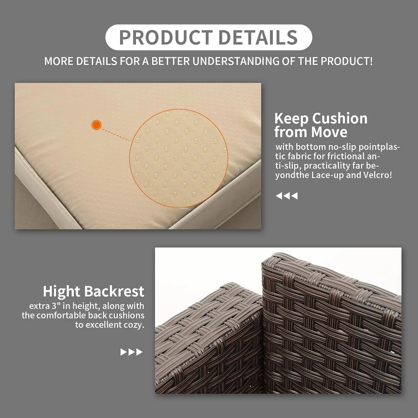 Patio Furniture 3-seat Sofa Wicker Outdoor Furniture Outdoor Couch Deep Seat Hight Backrest Non-Slip Cushions, Khaki, Customized