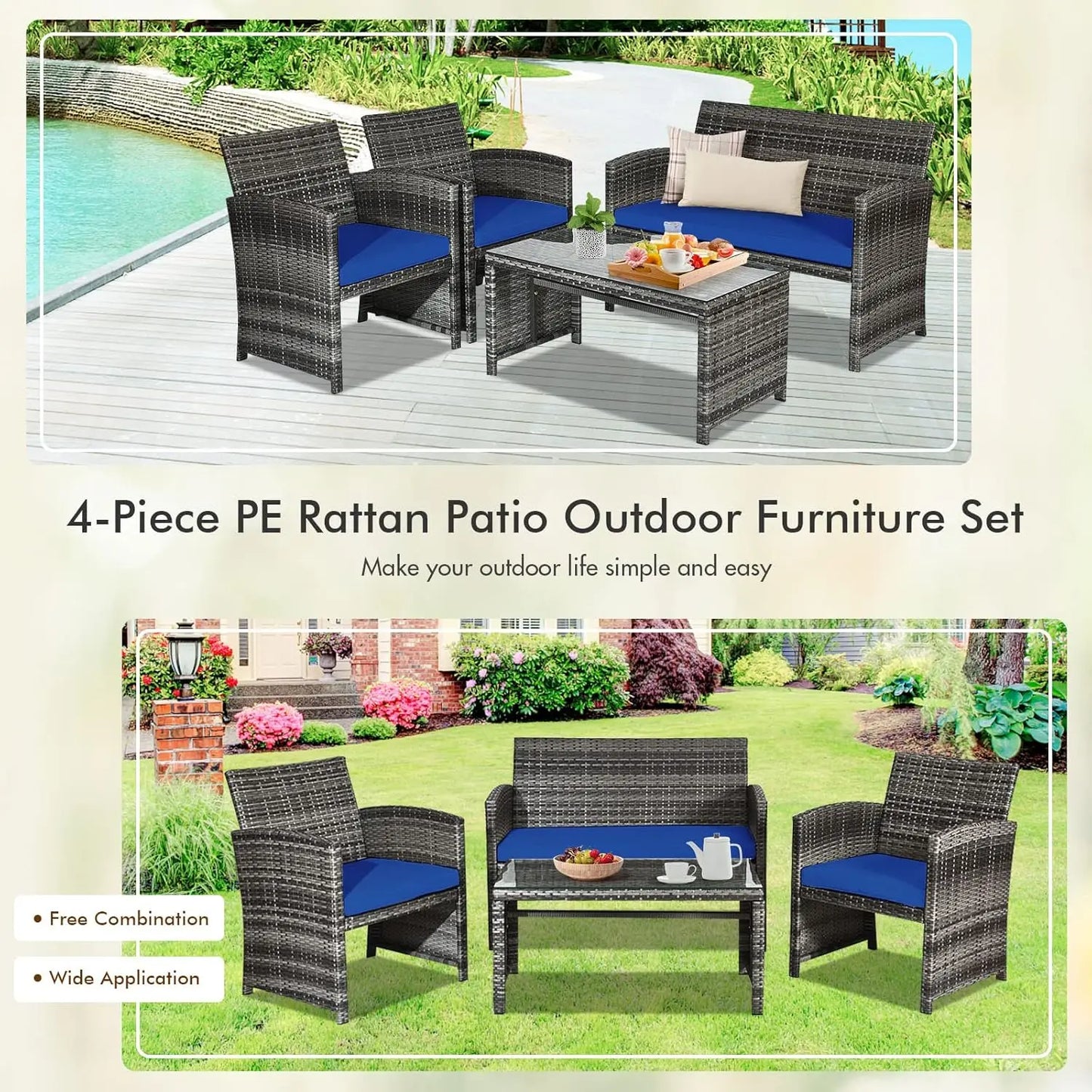 4-Piece Rattan Patio Furniture Set, Outdoor Wicker Conversation Sofa with Weather Resistant Cushions and Tempered, Customized