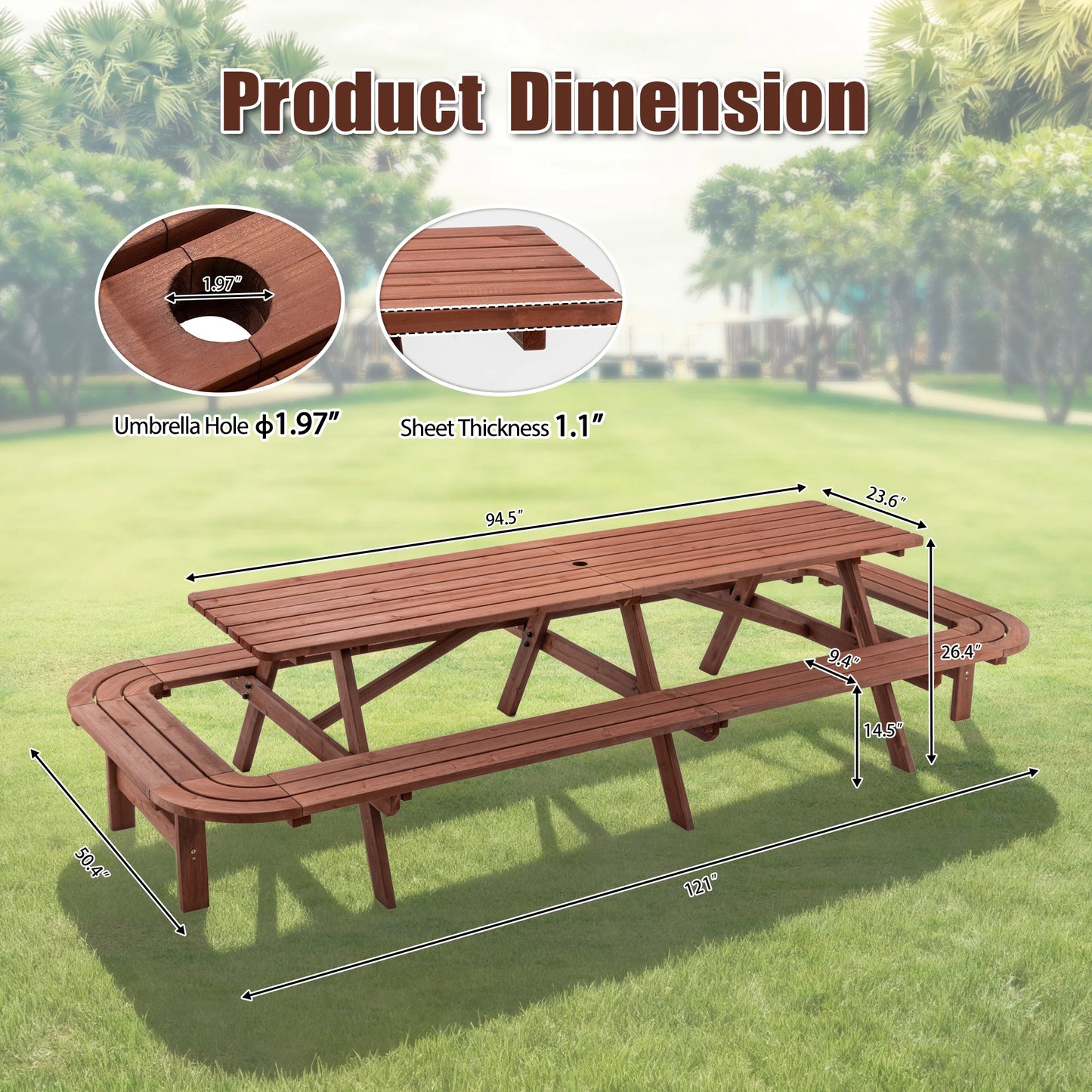 Wooden Picnic Table for Outdoor Patio With Umbrella Hole