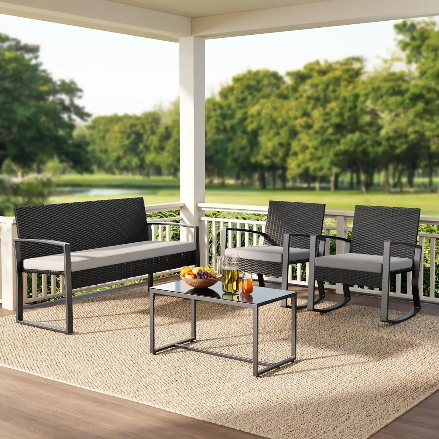 4 Piece Outdoor Patio Furniture Set, Wicker Patio Furniture with Glass Coffee Table, Rocking Wicker Bistro Set,