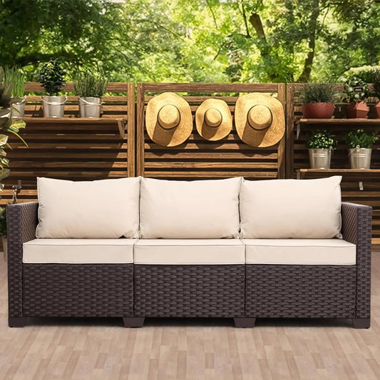 Patio Furniture 3-seat Sofa Wicker Outdoor Furniture Outdoor Couch Deep Seat Hight Backrest Non-Slip Cushions, Khaki, Customized