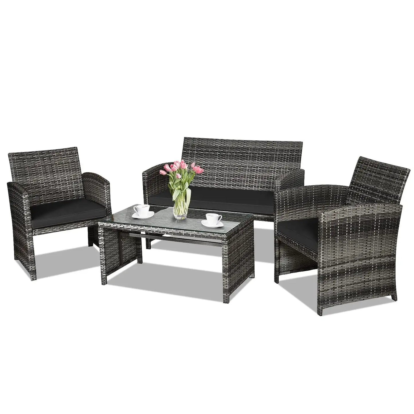 4-Piece Rattan Patio Furniture Set, Outdoor Wicker Conversation Sofa with Weather Resistant Cushions and Tempered, Customized