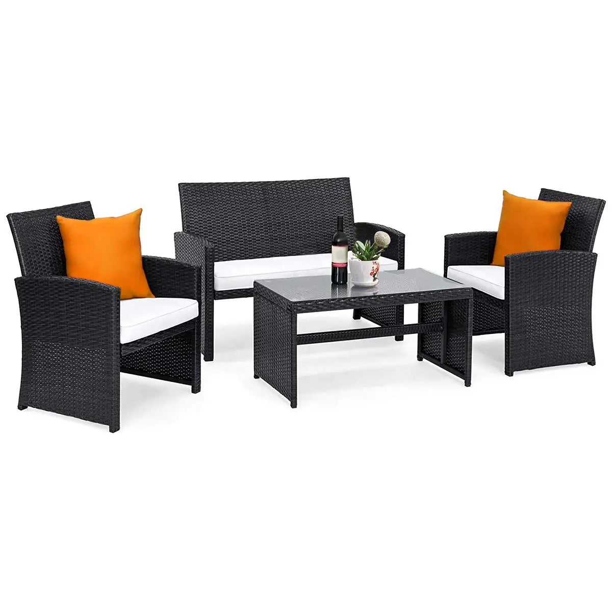 4-Piece Rattan Patio Furniture Set, Outdoor Wicker Conversation Sofa with Weather Resistant Cushions and Tempered, Customized
