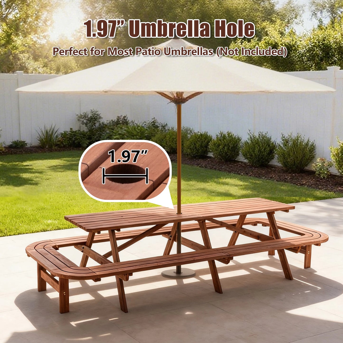 Wooden Picnic Table for Outdoor Patio With Umbrella Hole
