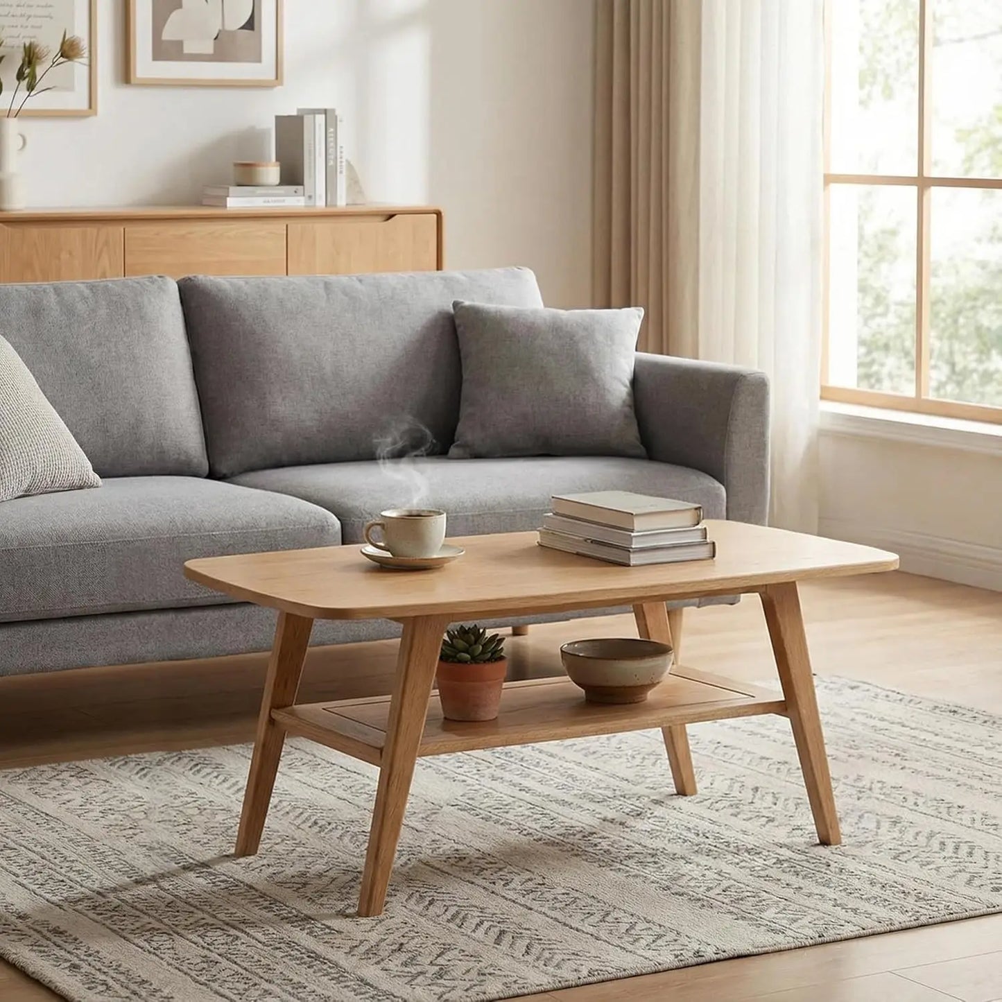 Solid Wood Coffee Table With Two Tier Storage Shelf For Living Room