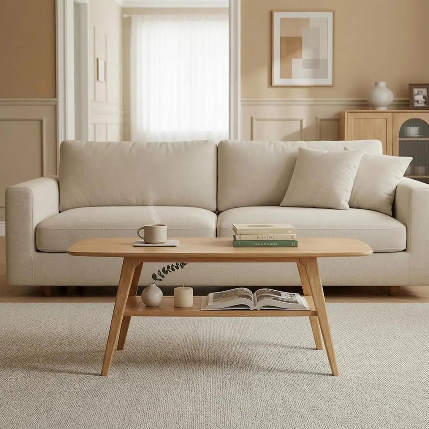 Solid Wood Coffee Table With Two Tier Storage Shelf For Living Room