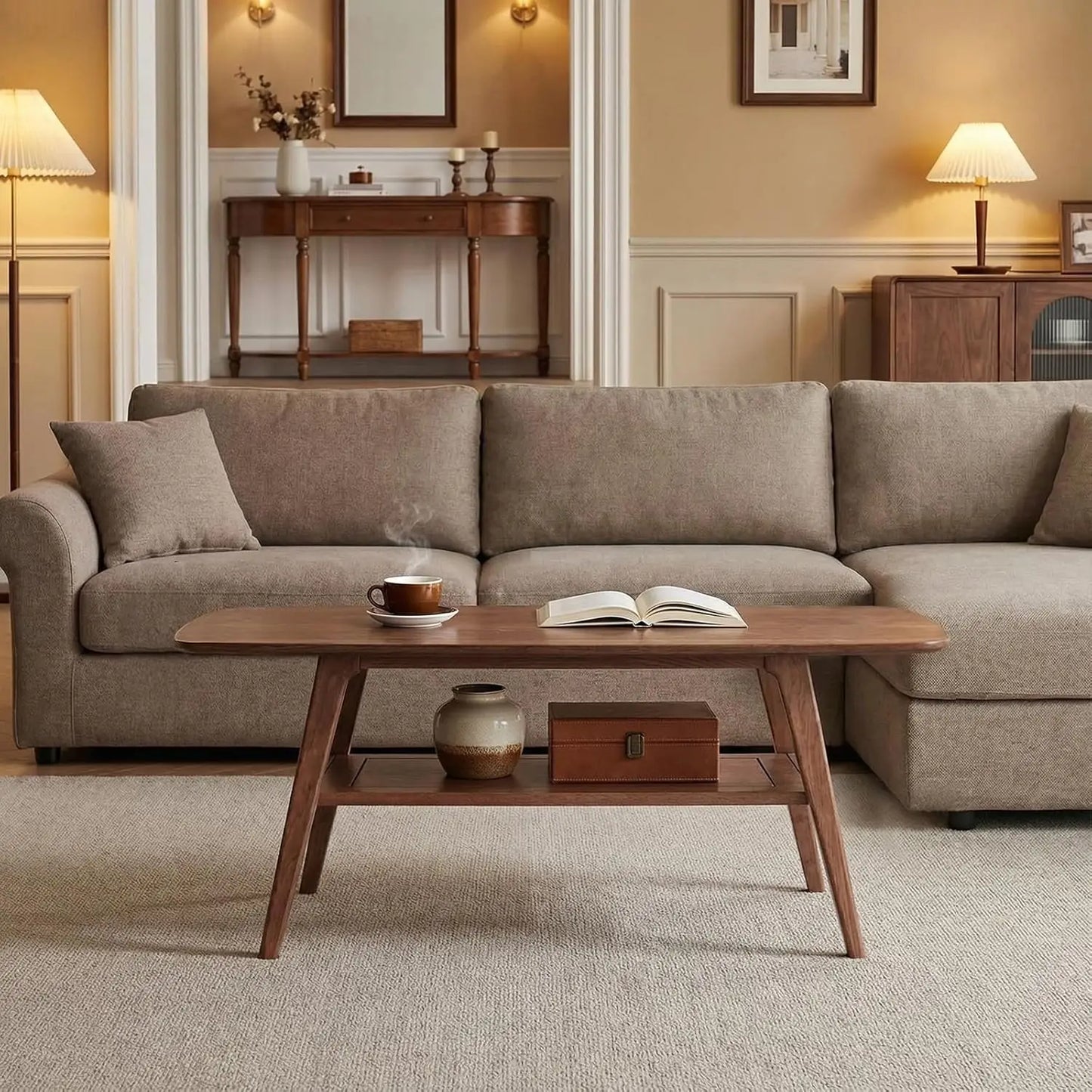 Solid Wood Coffee Table With Two Tier Storage Shelf For Living Room