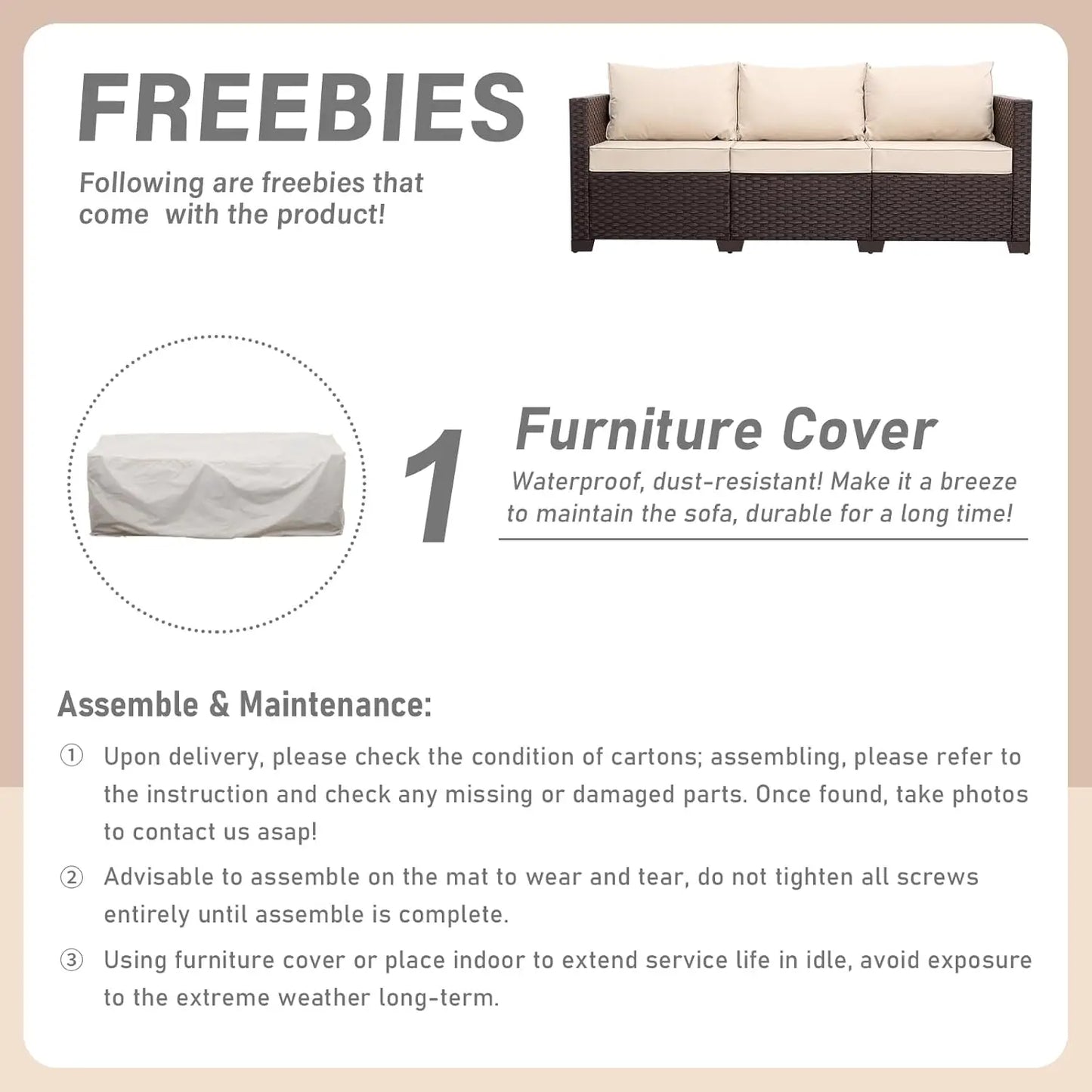 Patio Furniture 3-seat Sofa Wicker Outdoor Furniture Outdoor Couch Deep Seat Hight Backrest Non-Slip Cushions, Khaki, Customized