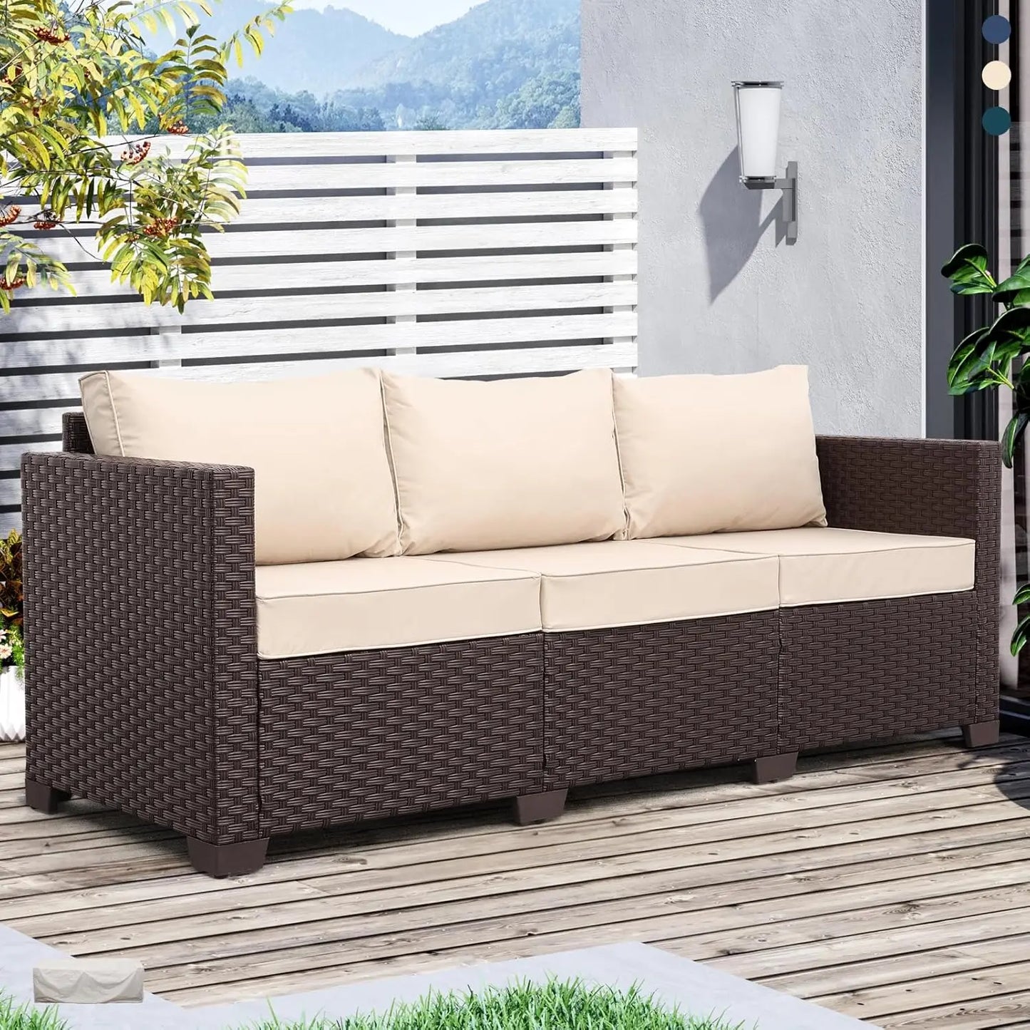 Patio Furniture 3-seat Sofa Wicker Outdoor Furniture Outdoor Couch Deep Seat Hight Backrest Non-Slip Cushions, Khaki, Customized