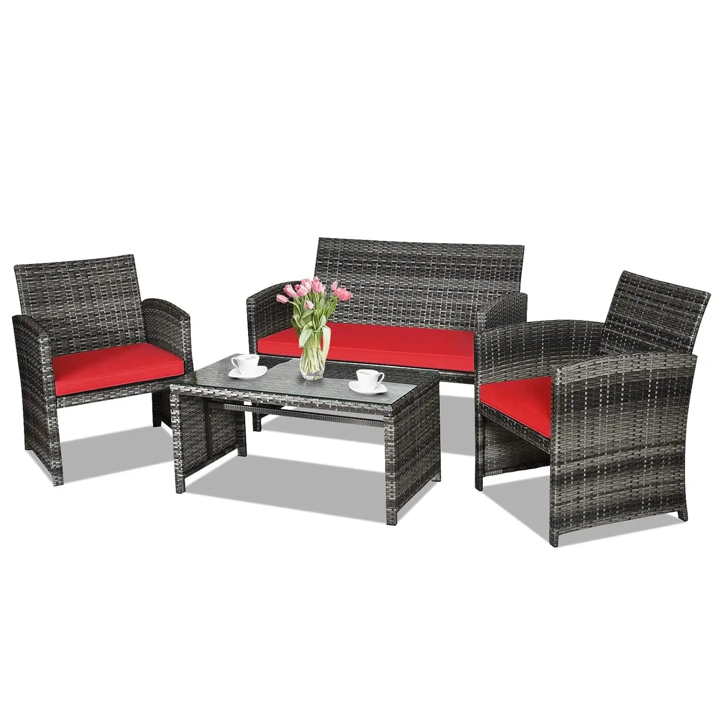 4-Piece Rattan Patio Furniture Set, Outdoor Wicker Conversation Sofa with Weather Resistant Cushions and Tempered, Customized