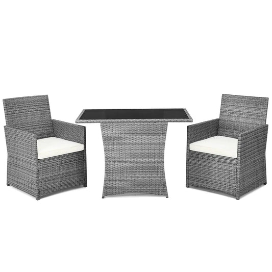 3 Piece Patio Rattan Furniture Set with Coffee Table, Cushioned Dining Chairs,