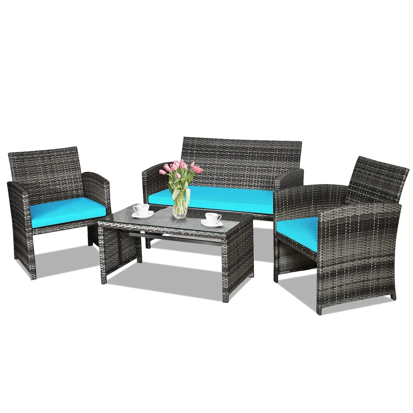 4-Piece Rattan Patio Furniture Set, Outdoor Wicker Conversation Sofa with Weather Resistant Cushions and Tempered, Customized