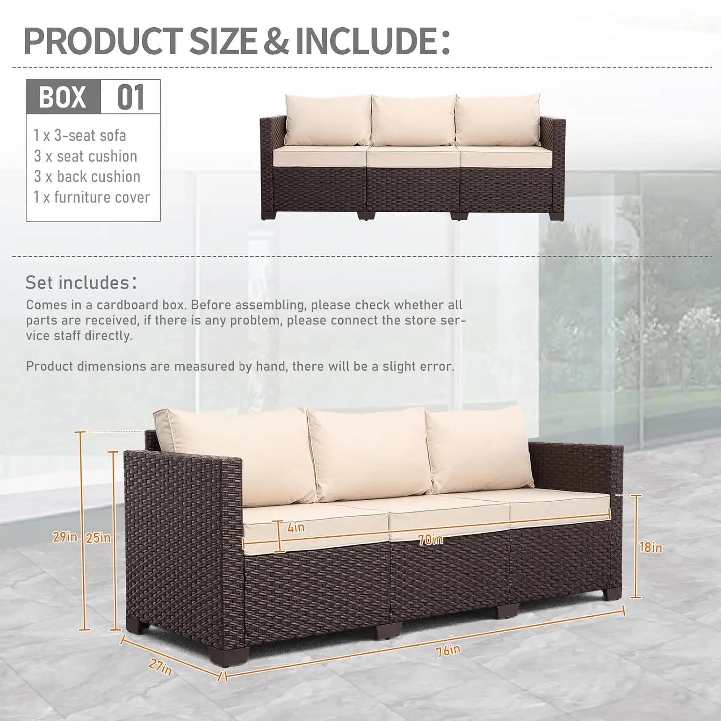 Patio Furniture 3-seat Sofa Wicker Outdoor Furniture Outdoor Couch Deep Seat Hight Backrest Non-Slip Cushions, Khaki, Customized