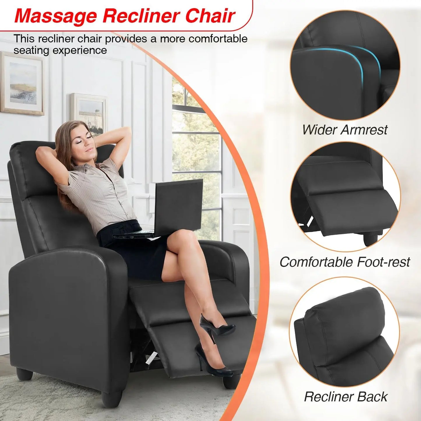 Massage Recliner Sofa Lumbar Support Adjustable Backrest