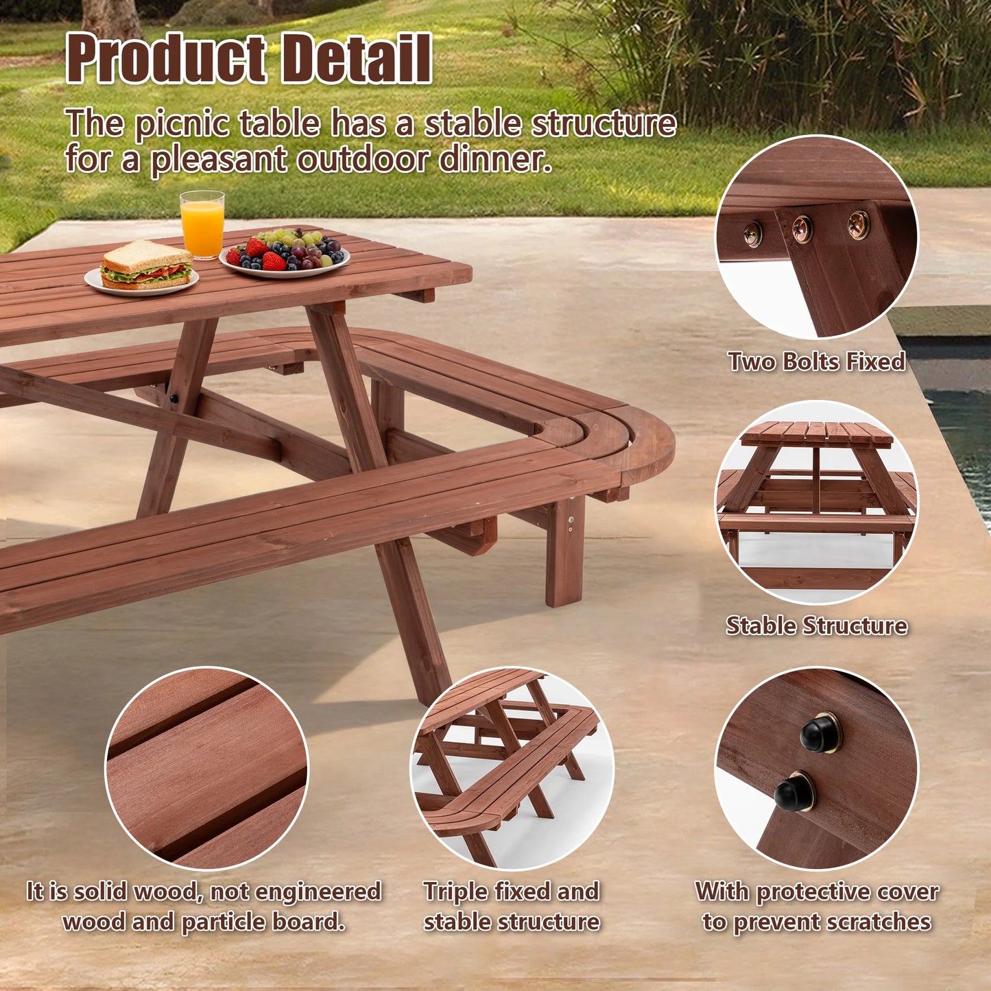 Wooden Picnic Table for Outdoor Patio With Umbrella Hole
