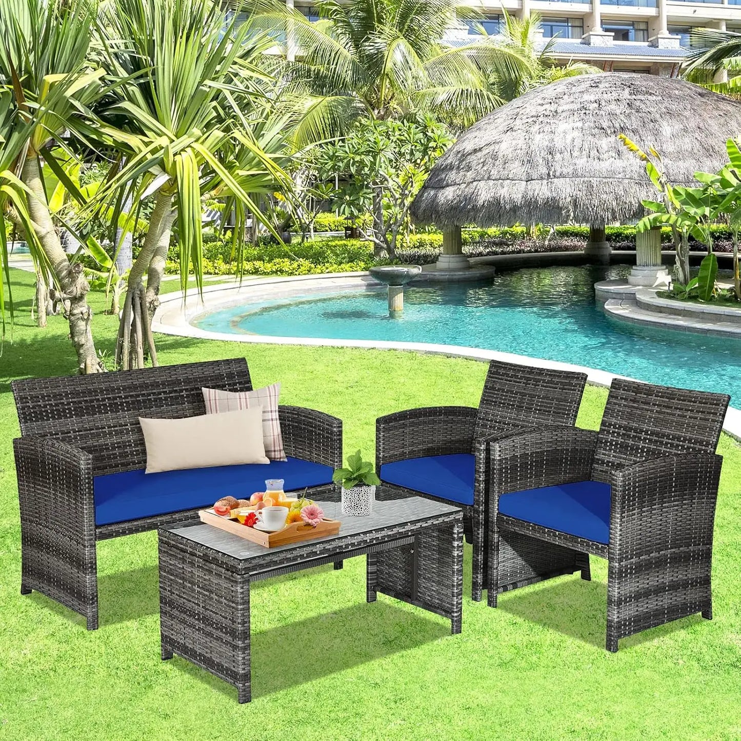 4-Piece Rattan Patio Furniture Set, Outdoor Wicker Conversation Sofa with Weather Resistant Cushions and Tempered, Customized
