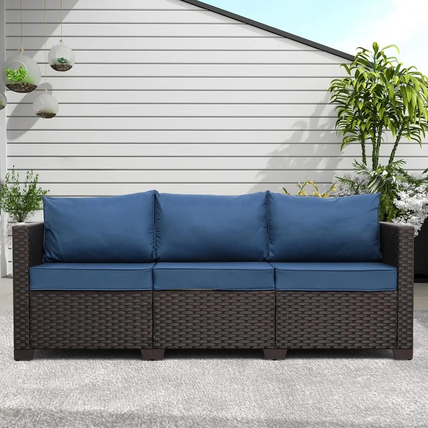 Patio Furniture 3-seat Sofa Wicker Outdoor Furniture Outdoor Couch Deep Seat Hight Backrest Non-Slip Cushions, Khaki, Customized