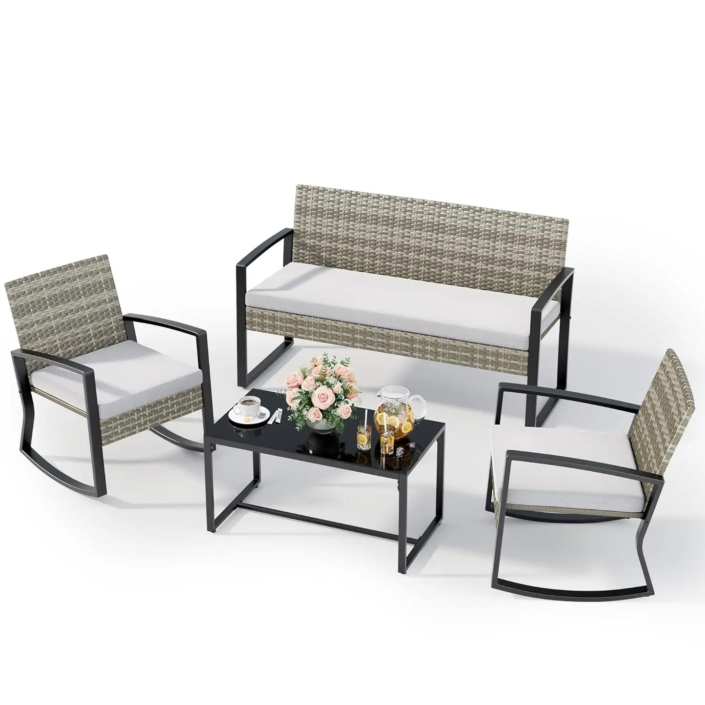 4 Piece Outdoor Patio Furniture Set, Wicker Patio Furniture with Glass Coffee Table, Rocking Wicker Bistro Set,