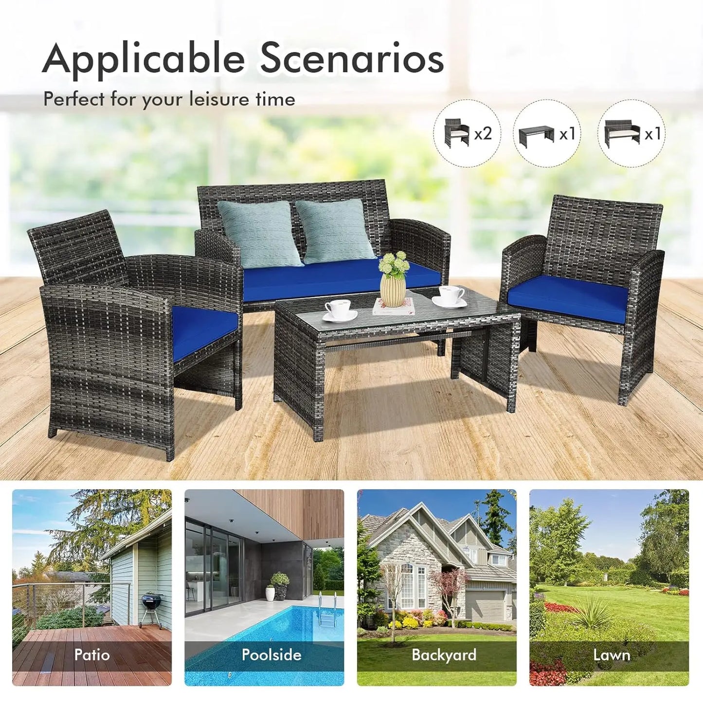 4-Piece Rattan Patio Furniture Set, Outdoor Wicker Conversation Sofa with Weather Resistant Cushions and Tempered, Customized