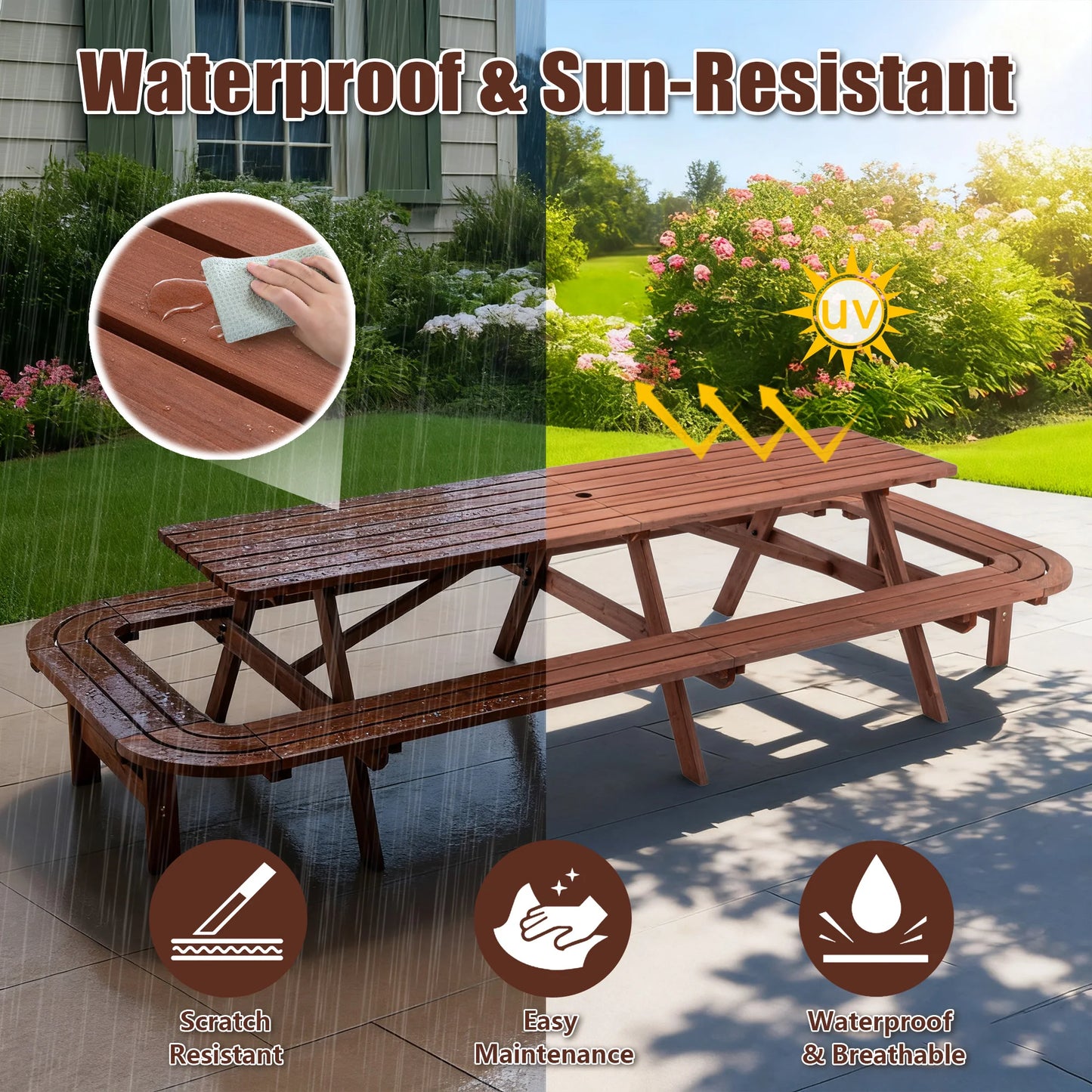 Wooden Picnic Table for Outdoor Patio With Umbrella Hole