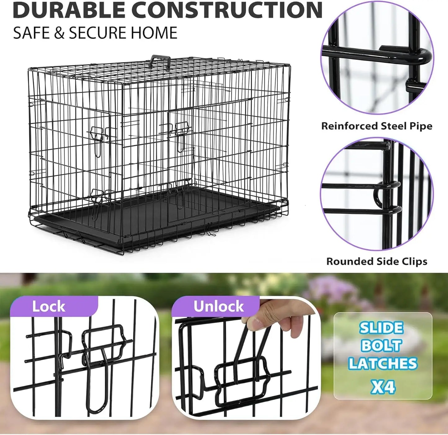 BestPet | Dog Crate | 48" | Black | Foldable Metal Kennel with Double Doors, Secure Slide-Bolt Latches, Leakproof Tray |
