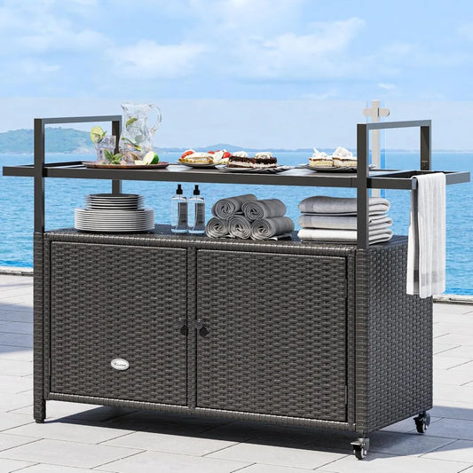 Outdoor Kitchen Wicker Island Rolling Cart, Patio Bar Table with wheels