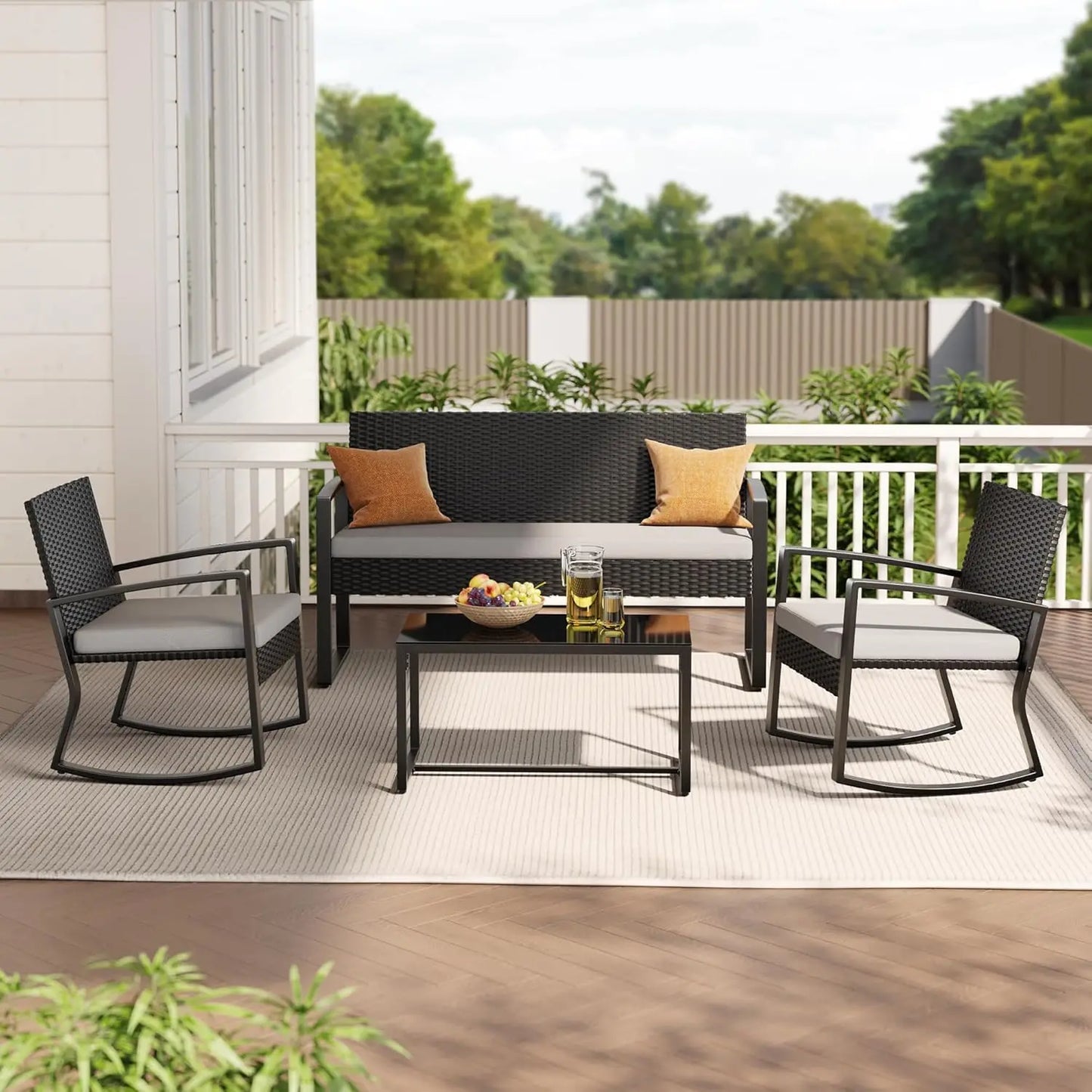 4 Piece Outdoor Patio Furniture Set, Wicker Patio Furniture with Glass Coffee Table, Rocking Wicker Bistro Set,