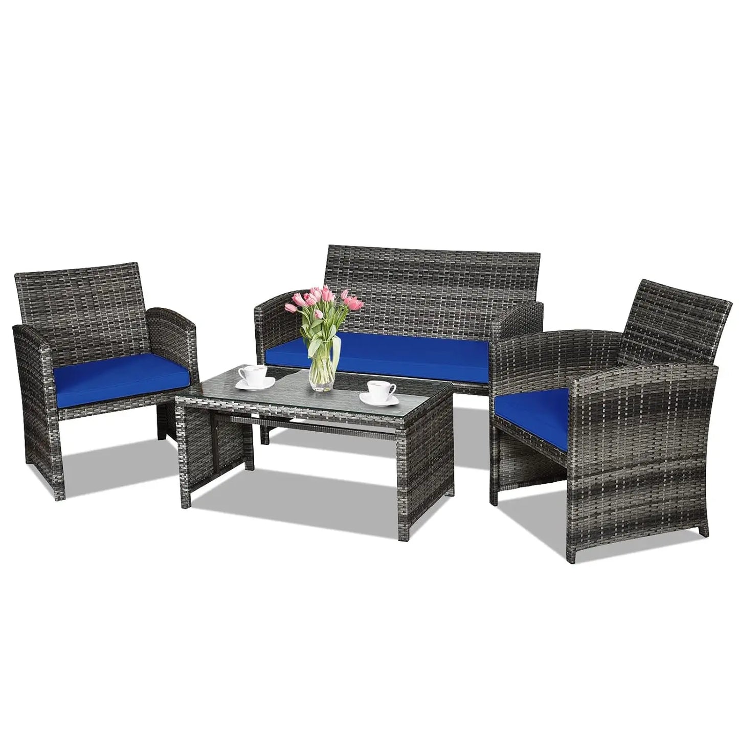 4-Piece Rattan Patio Furniture Set, Outdoor Wicker Conversation Sofa with Weather Resistant Cushions and Tempered, Customized